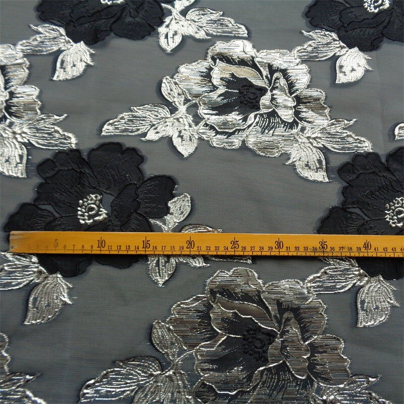 Blue & Gold Floral Jacquard Organza Fabric - 56"W