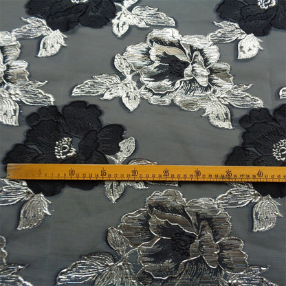 Blue & Gold Floral Jacquard Organza Fabric - 56"W