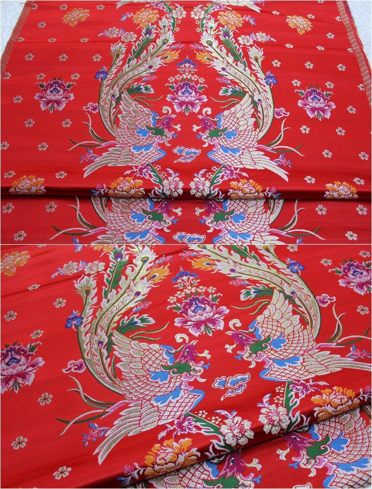 China Red Silk Brocade Fabric: Phoenix Wedding Gown Material