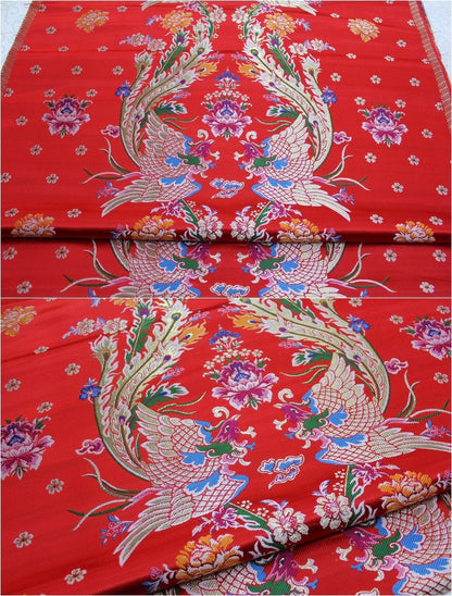 China Red Silk Brocade Fabric: Phoenix Wedding Gown Material
