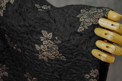 Embossed Jacquard Fabric: Black with Brown Floral Design, 59" Wide