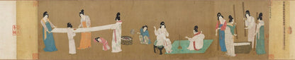 Tang Dynasty Style Linen Fabric: Court Ladies Sewing Silk (55"W)
