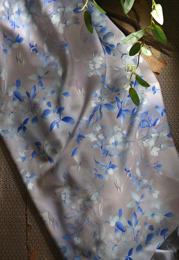Gray Blue Cotton Sateen Fabric: Snowy Elegance Print, 55" Wide