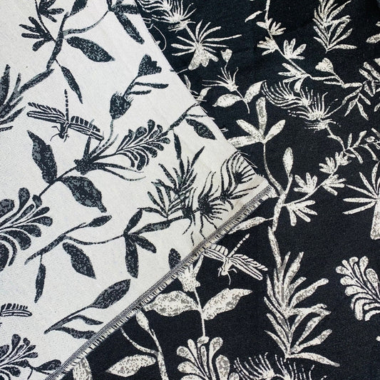 Black & White Lurex Jacquard Fabric: 3D Embossed Plant Pattern, 58" Wide