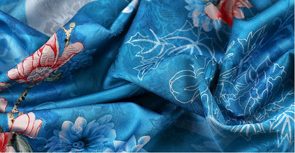 Teal Floral Tea Silk Satin Fabric: Digital Print, 59" Wide