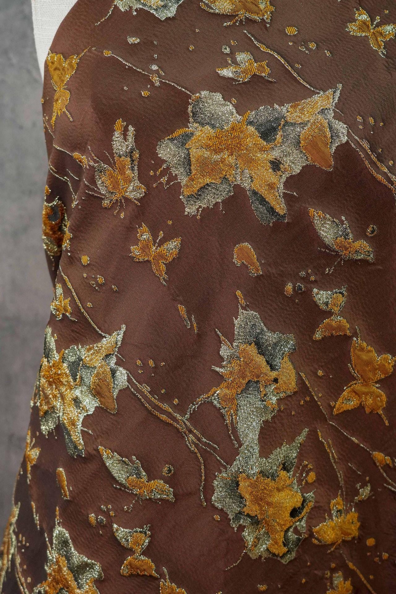 Embossed Butterfly Brocade Fabric: Gold Thread Jacquard Ink Splash - Sewing Material