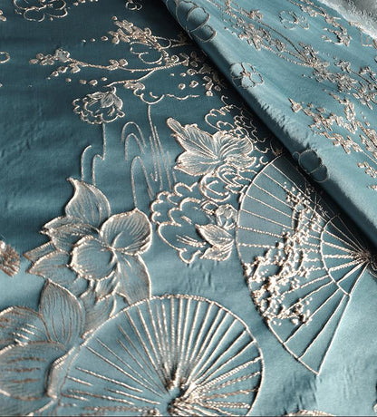 Tissu jacquard gaufré à motif éventail de lotus avec fil doré, 147 cm de large