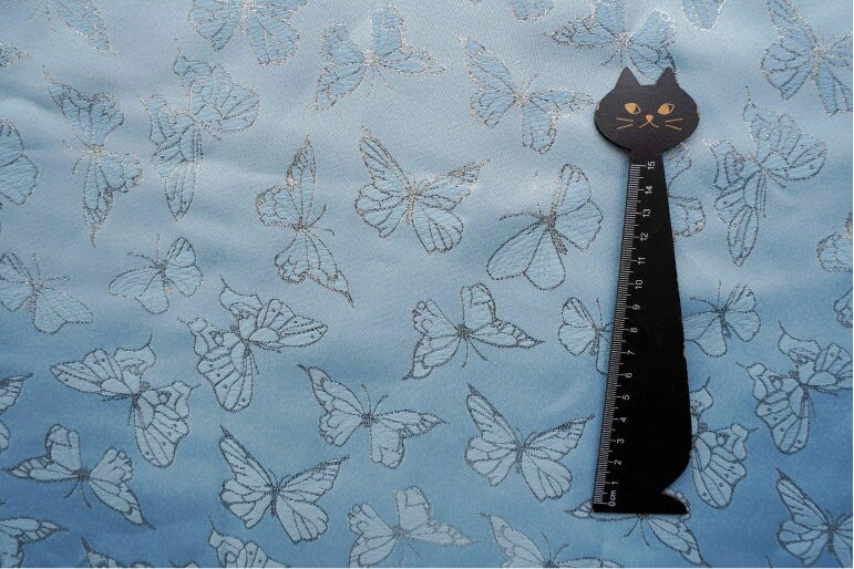 Blue Butterfly Jacquard Fabric: Silver Thread Rayon, 59" Wide