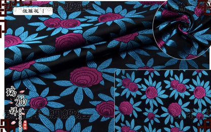 Floral Silk Brocade Fabric: Pink Roses, Black Background (By The Meter)