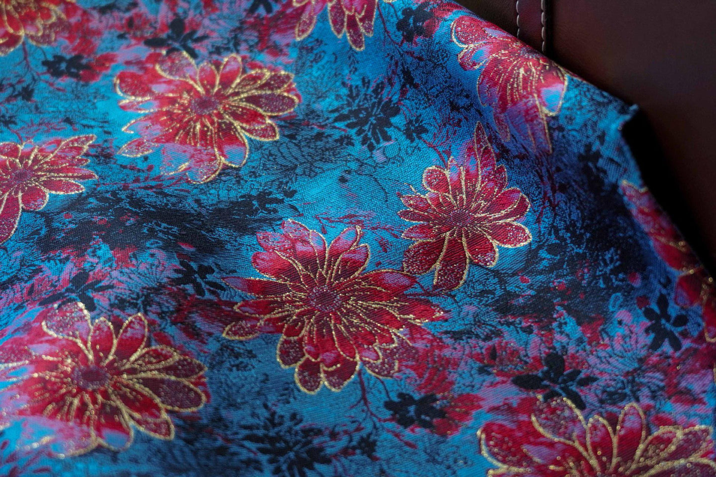 Gold Thread Floral Jacquard Fabric: Blue & Red Costume Dress Material