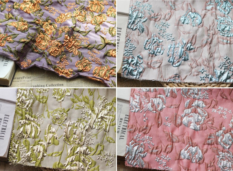 Gold Thread Floral Jacquard Fabric: 3D Texture, 55" Wide