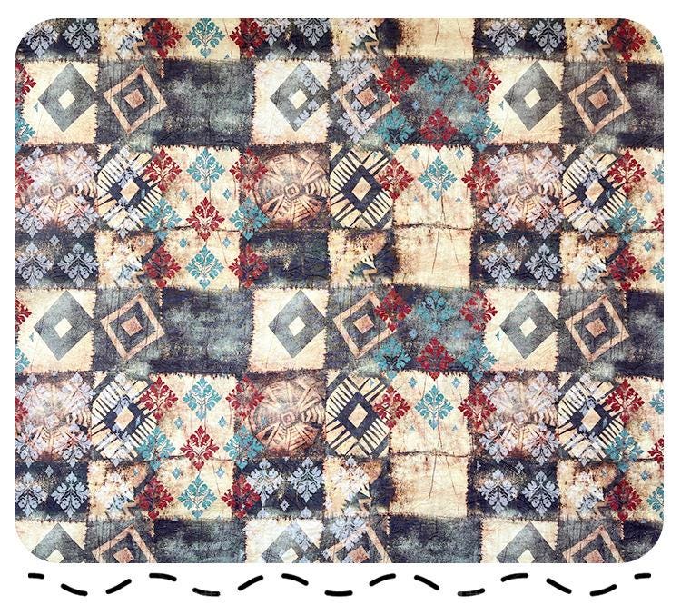 Tissu Tencel Ramie bohème : motif patchwork imprimé, 150 cm de large, vendu au mètre