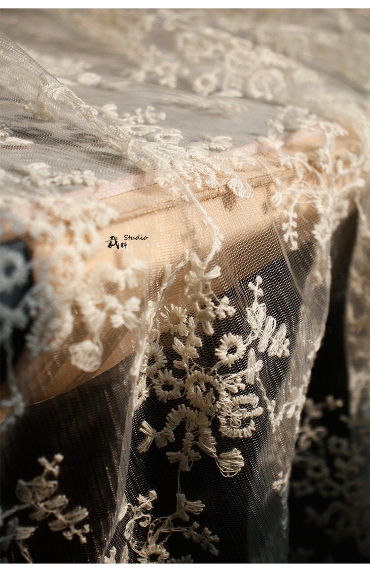 Floral Embroidery Fabric: Sheer French Cotton, 59" Wide