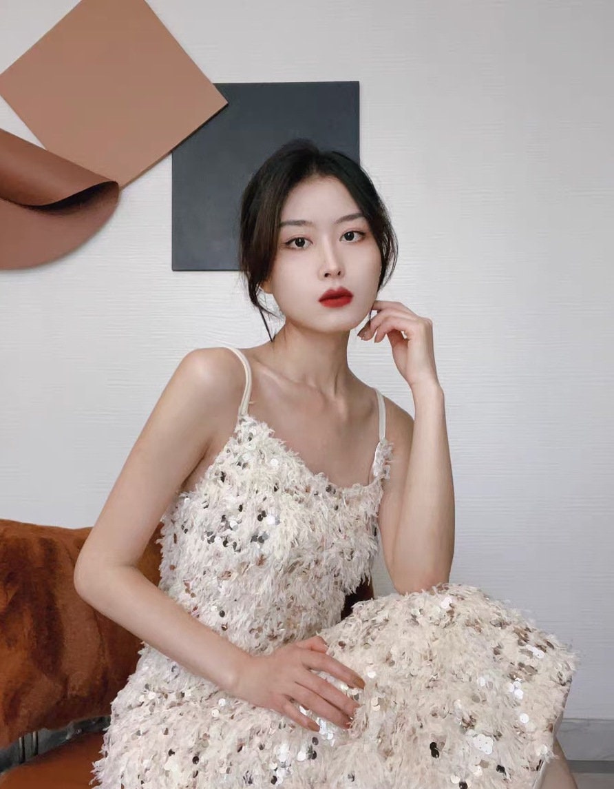 Beige Feather Sequin Embroidery Fabric: 49" Wide Costume Material