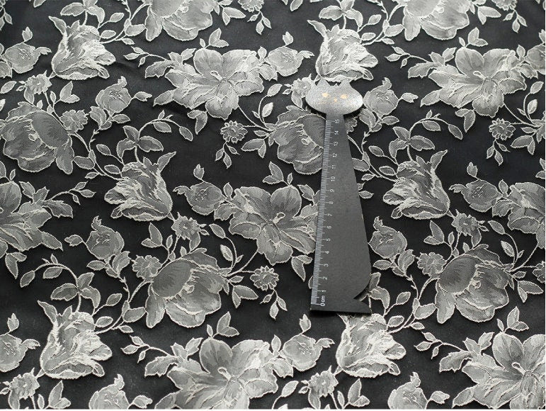 Black & White Floral Jacquard Fabric: Embossed 3D Design, 52" Wide