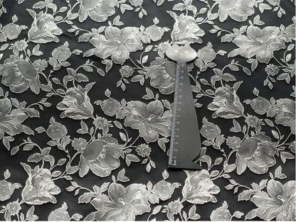 Black & White Floral Jacquard Fabric: Embossed 3D Design, 52" Wide