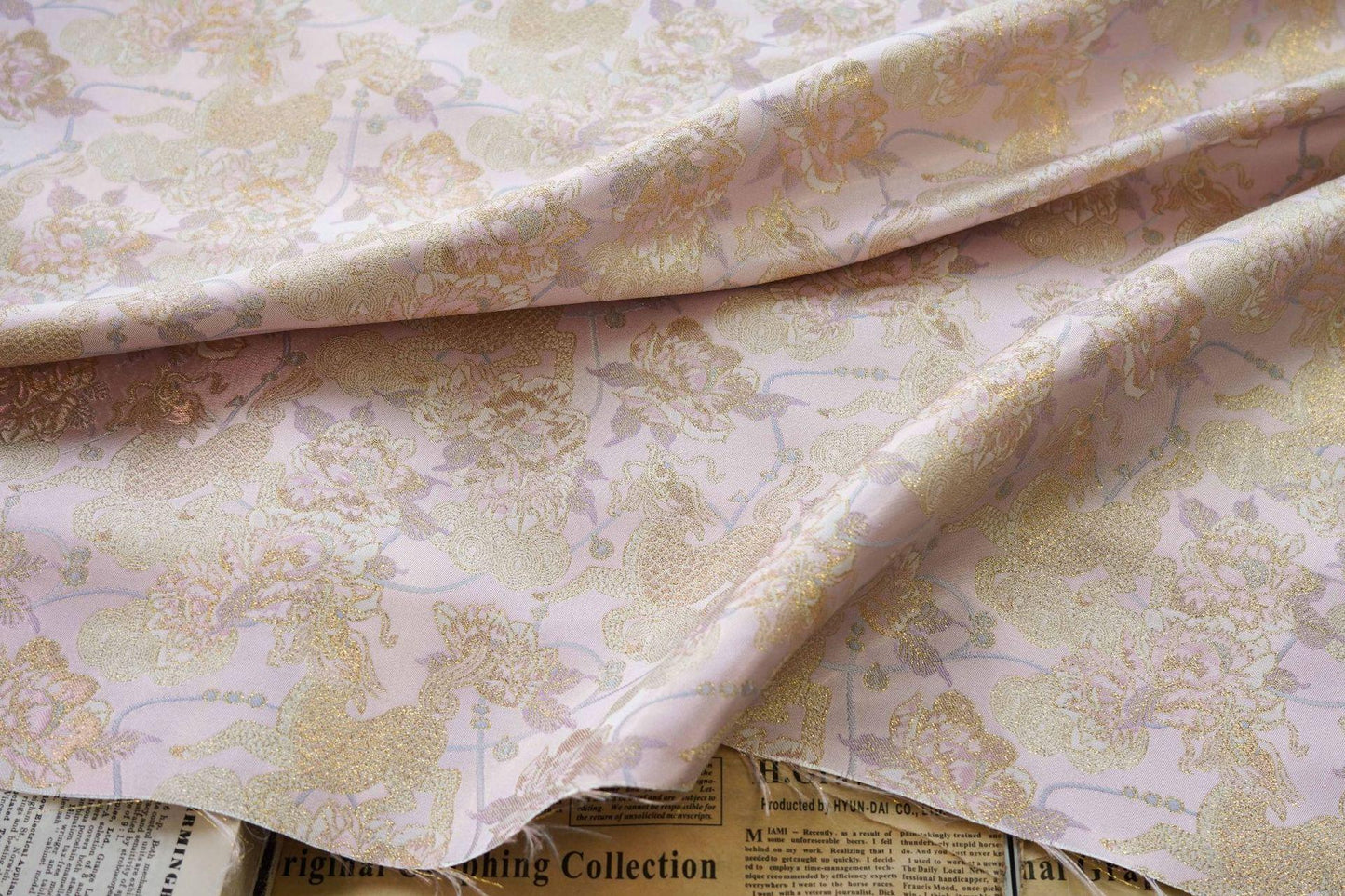 Gold Thread Pink Flower Jacquard Fabric: 3D Embossed Woven, 55"W