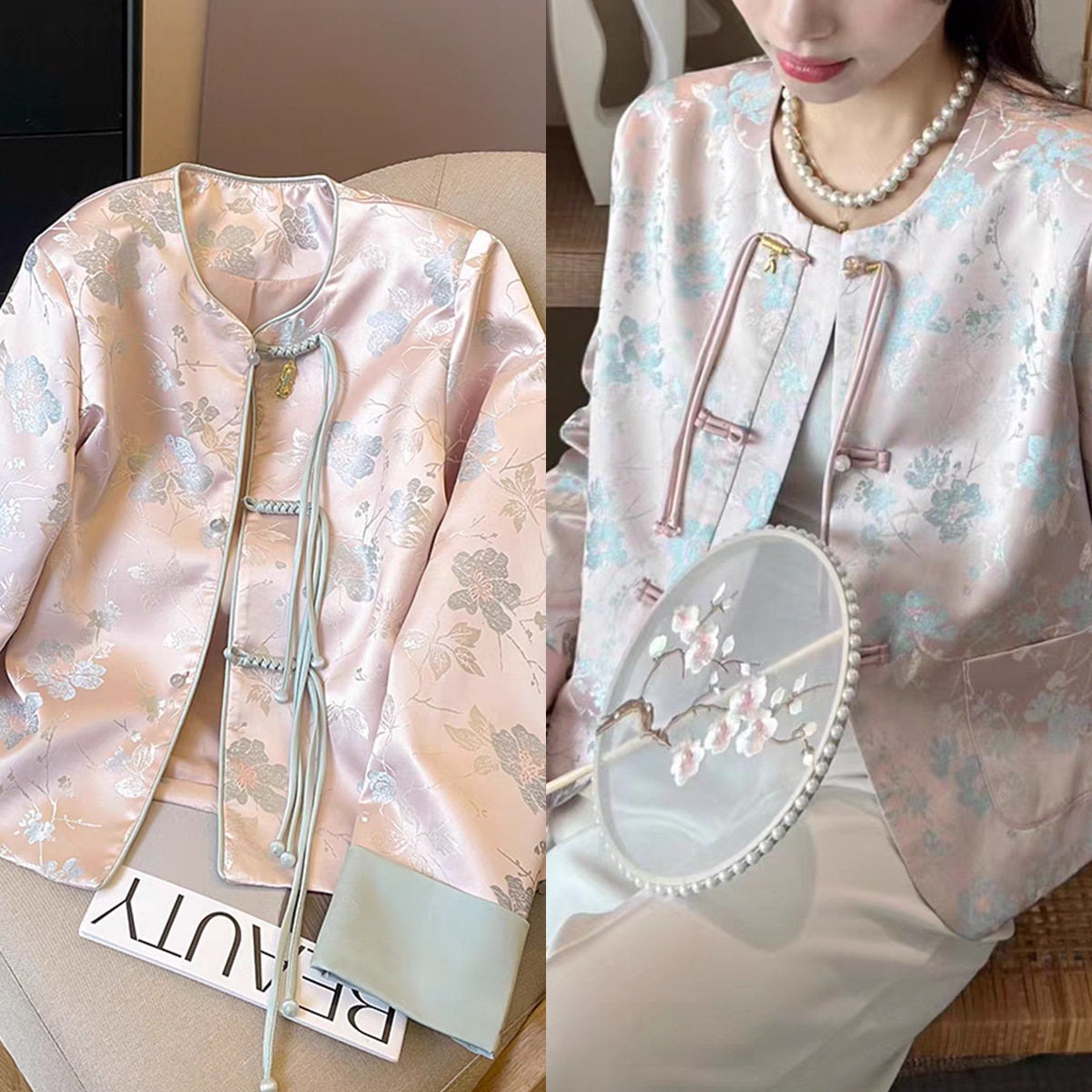Plum Blossom Brocade Fabric: Light Pink Floral Sewing Material