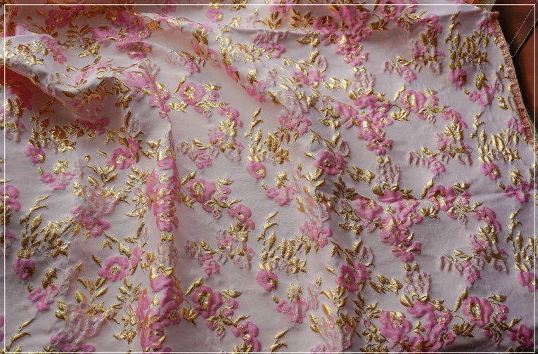 Pink Gold Floral Jacquard Fabric: 3D Designer Sewing Material (57"W)