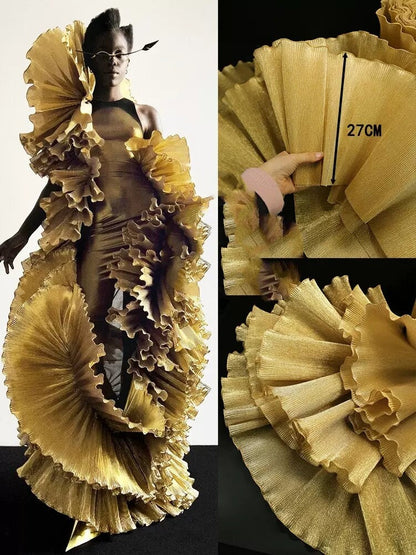 Metallic Luster Organza Lace: 3D Ruffle Designer Fabric, 27cm Wide