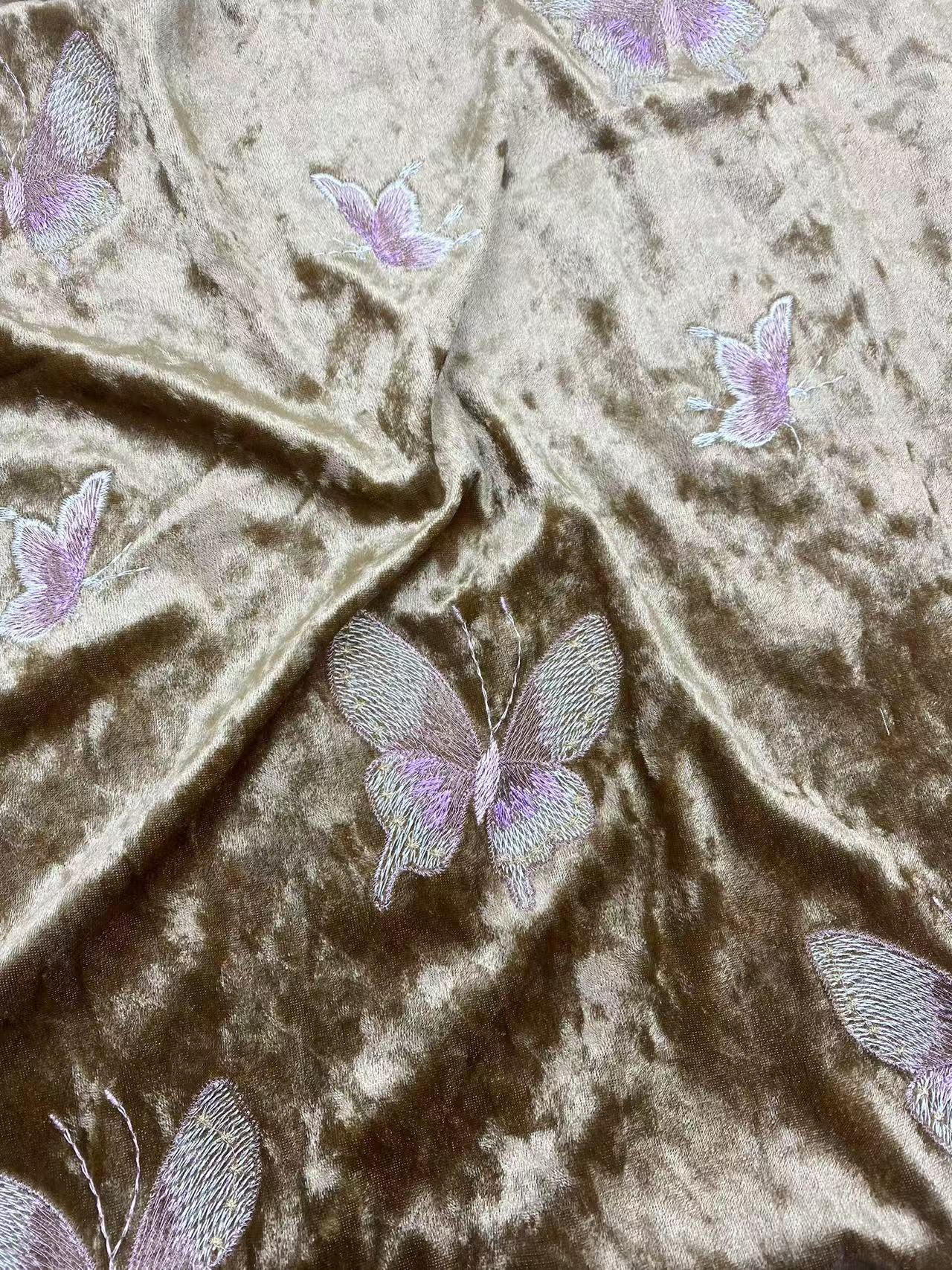 Embroidered Velvet Fabric: 43" Beaded Pillar Design, Designer Sewing Material