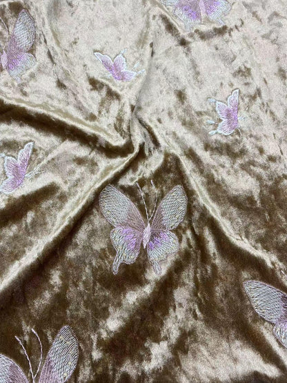 Embroidered Velvet Fabric: 43" Beaded Pillar Design, Designer Sewing Material