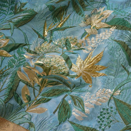 Gold Thread Jacquard Fabric: 3D Floral Designer Fabric