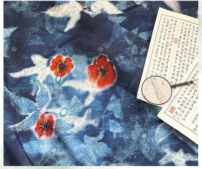 Indigo Butterfly Floral Cotton Fabric ��� Red Accent Pri" Wide