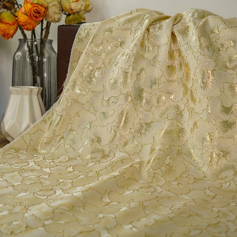 Gold Ginkgo Jacquard Fabric: Beige Costume Dress Satin (59"W)