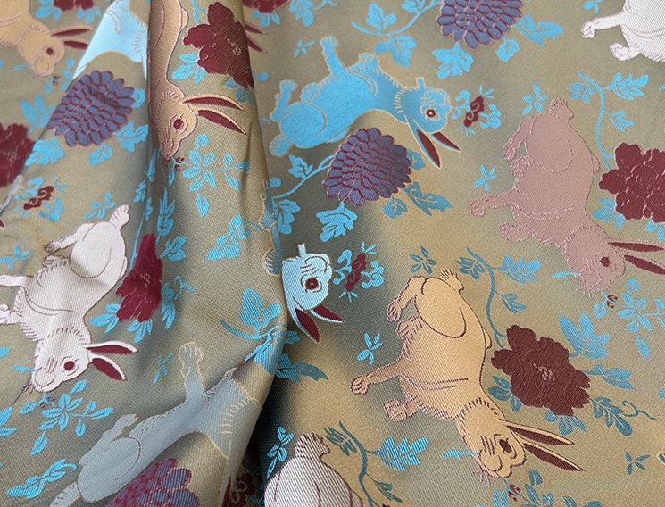 Gold Rabbit Brocade Fabric: 59"W Chinese Cheongsam Silk Rayon