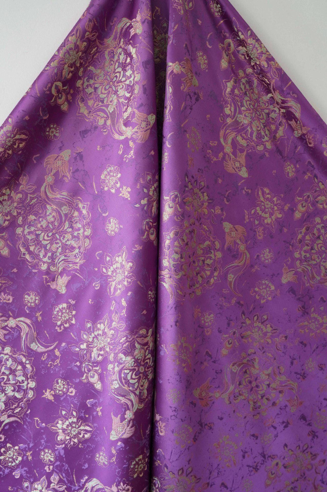 Purple Fish Jacquard Satin Brocade Fabric: Cheongsam Sewing, Home Decor