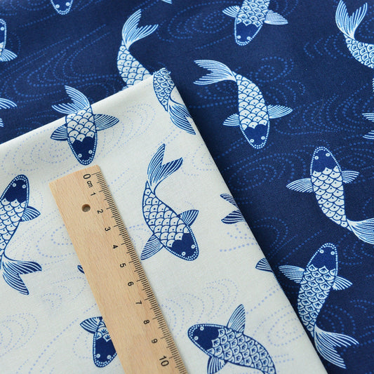 Japanese Cotton Fabric: Blue Koi Fish Print, Sewing & Upholstery