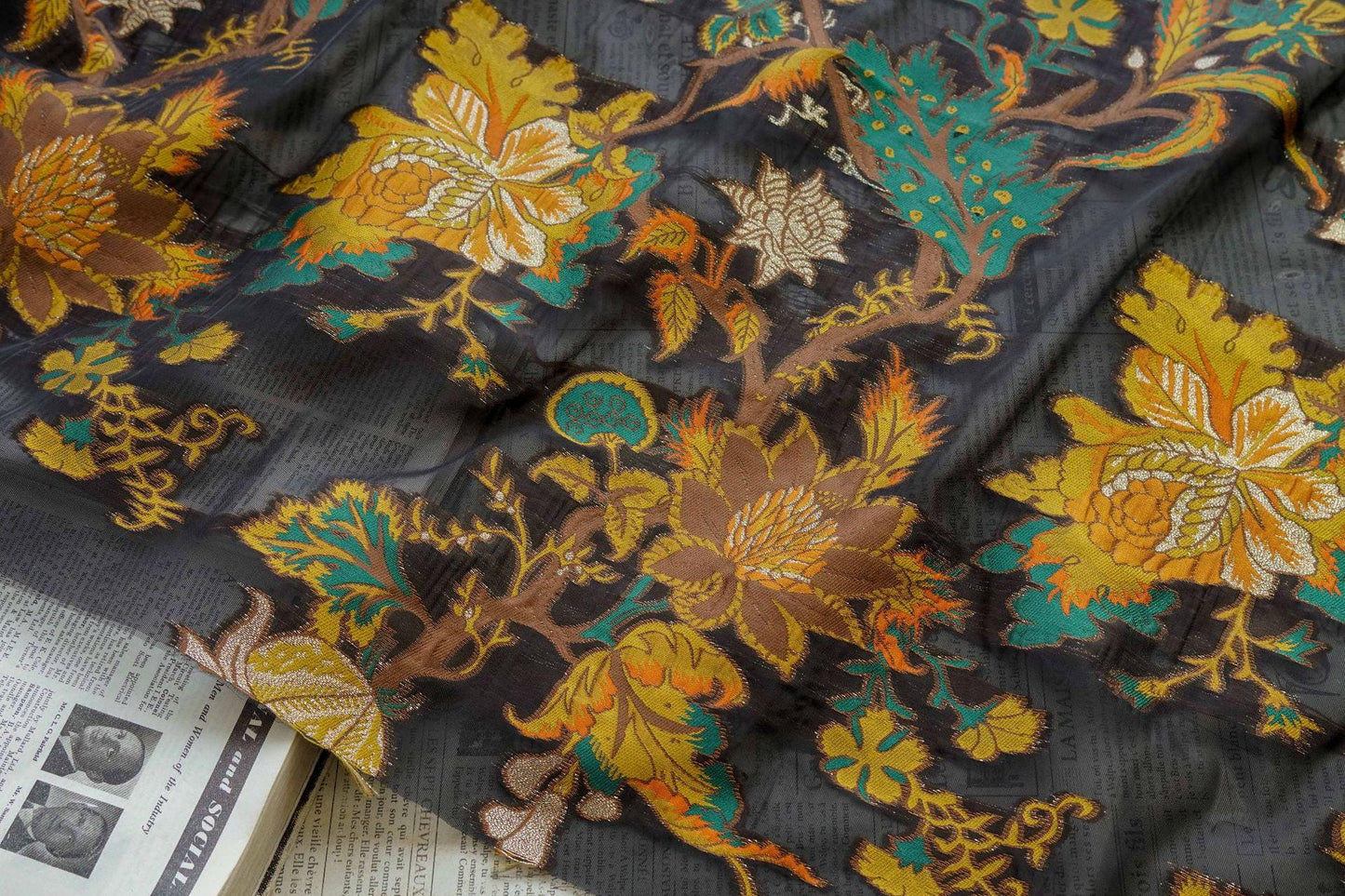 Yellow 3D Jacquard Organza Fabric: Embossed Dress Costume Sewing, 55"W