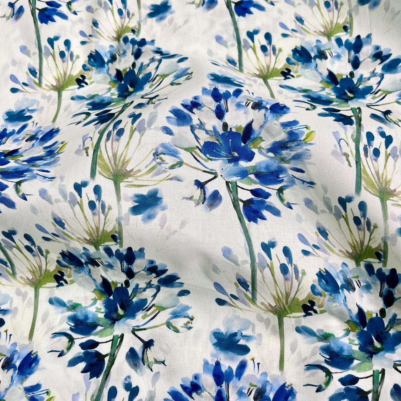 Floral Cotton Fabric: Blue Flower Print, 59" Wide, Sewing Quilting
