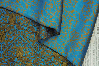 Blue & Gold Floral Jacquard Fabric: European Palace Style, 59" Wide