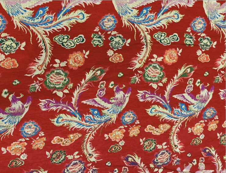 Red Phoenix Jacquard Satin Fabric: 59"W Silk Brocade, Upholstery & Sewing