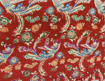 Red Phoenix Jacquard Satin Fabric: 59"W Silk Brocade, Upholstery & Sewing