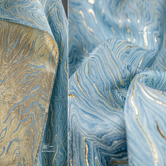 Gold & Light Blue Jacquard Fabric: 3D Texture Oil Painting Design