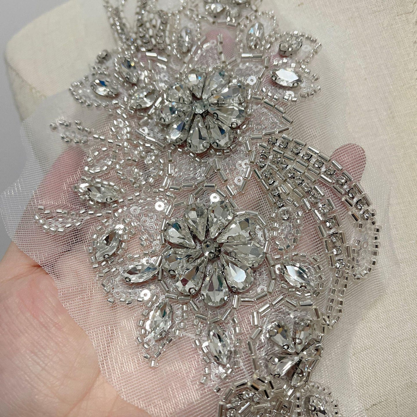 Embroidered Lace Trim: Light Ivory Bridal Applique with Sequins (By Pair)