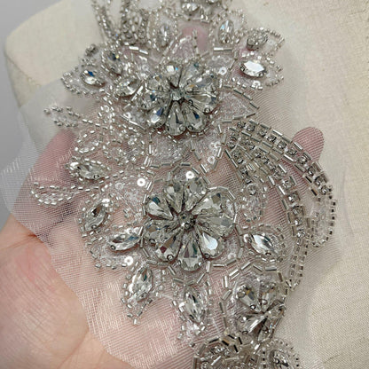 Embroidered Lace Trim: Light Ivory Bridal Applique with Sequins (By Pair)