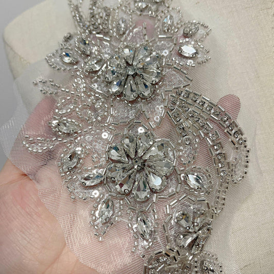 Embroidered Lace Trim: Light Ivory Bridal Applique with Sequins (By Pair)