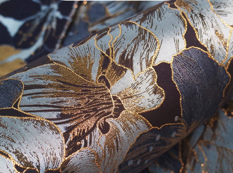 Gold Thread Jacquard Fabric: Blue Floral 3D Texture, 63" Wide