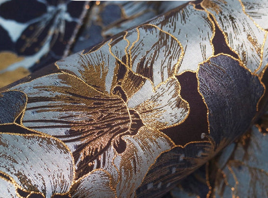 Gold Thread Jacquard Fabric: Blue Floral 3D Texture, 63" Wide