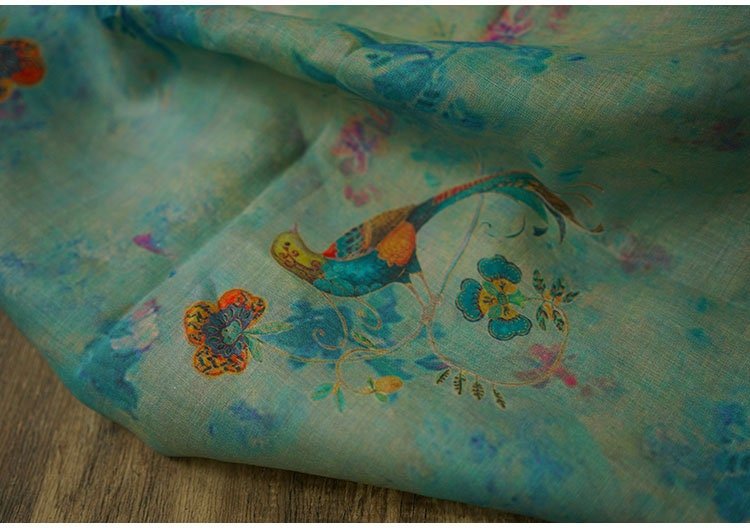 Teal Ramie Fabric: Floral Bird Print, Cheongsam Qipao Material, 55" Wide - Poppylollipop