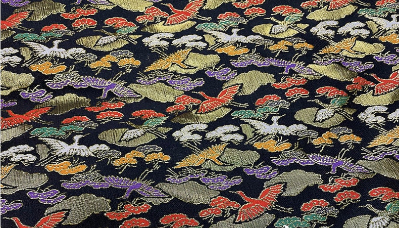 Silk Brocade Fabric: Japanese Crane Jacquard Satin, Home Decor