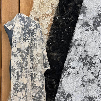 Peony Lace Tulle Fabric: Sequin Embroidery, DIY Wedding Gown Material