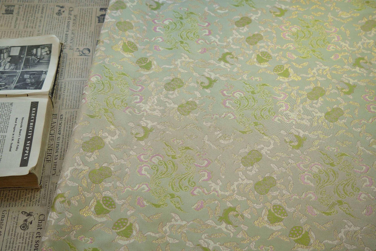 Bean Green Jacquard Fabric with Gold Thread: 55" Wide