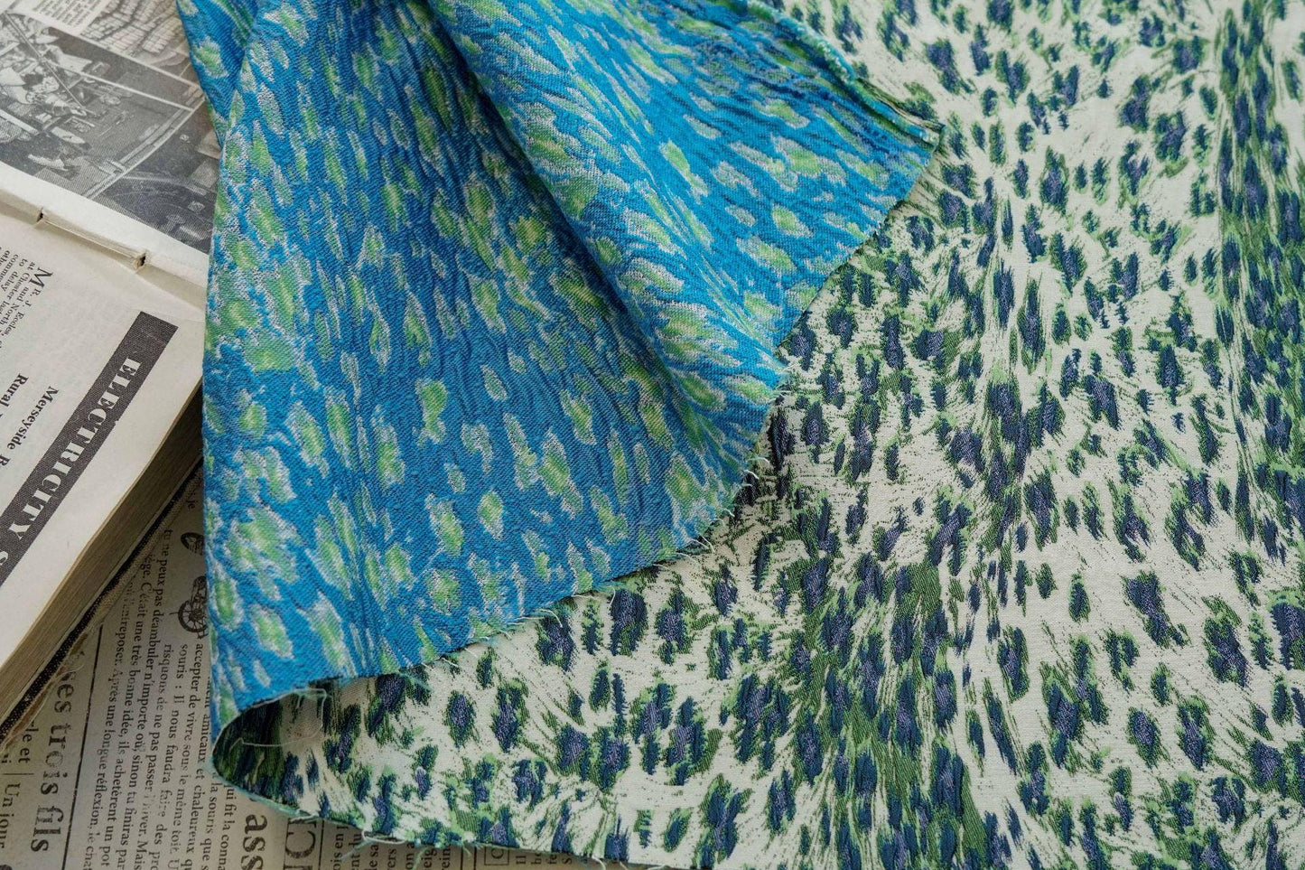 Blue Green Embossed Leopard Jacquard Fabric, Textured Animal Print Upholstery & Sewing Material,