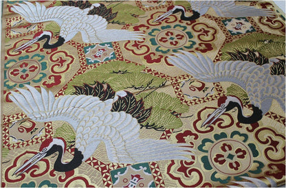 Japanese Crane Jacquard Satin Fabric: Pale Gold Bird Fabric, 29.5"W