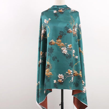 Teal Lotus Tea Silk Satin Fabric: Digital Print Sewing Material (59"W)